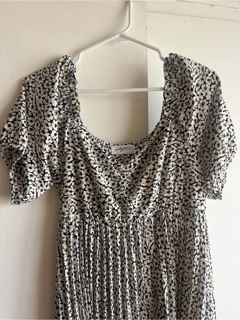 Carly Jean Los Angeles Black & White Floral Midi Dress with Yellow Details